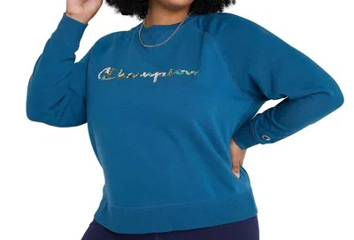 Champion Women's French Terry Hoodie In Floral Script Fresh Teal In Blue
