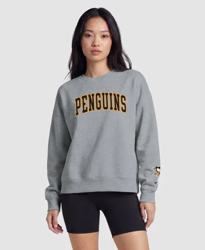Champion Women's Heather Gray Pittsburgh Penguins Applique Crewneck Sweatshirt In Heather Gray,black