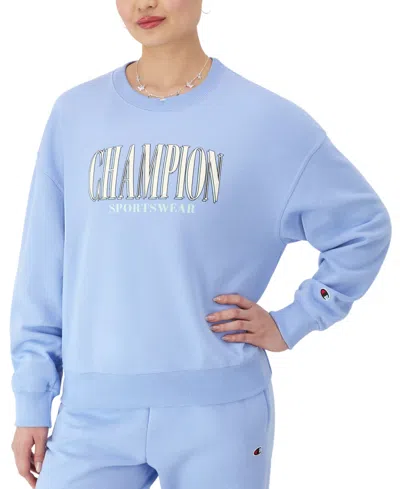 Champion Women's Long-sleeve Fleece Crewneck Logo Sweatshirt In Pewter Blue