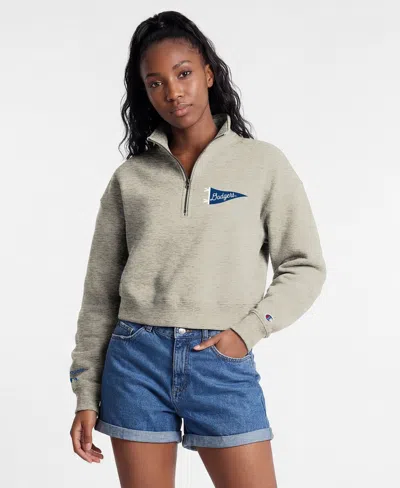 Champion Women's Los Angeles Dodgers Quarter-zip Cropped Mock Neck Sweatshirt In Gray