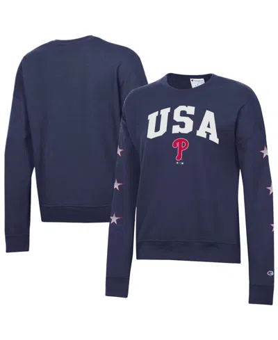 Champion Women's Navy Philadelphia Phillies Americana Fleece Crewneck Sweatshirt In Blue