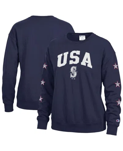 Champion Women's Navy Seattle Mariners Americana Fleece Crewneck Sweatshirt In Black