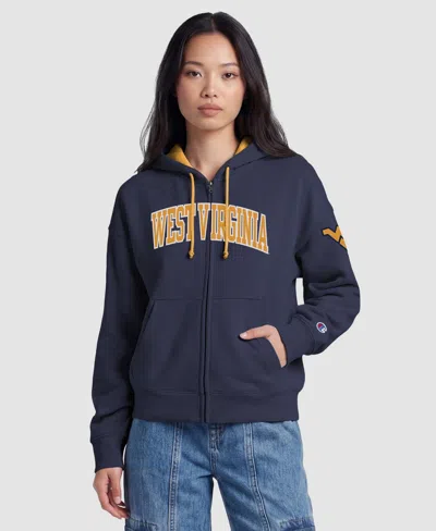 Champion Women's Navy West Virginia Mountaineers Arch Full-zip Fleece Hoodie In Navy,gold