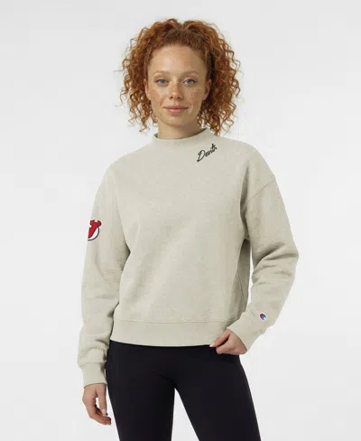 Champion Women's New Jersey Devils Collar Script Triumph Fleece Pullover Crewneck Sweatshirt In Oatmeal