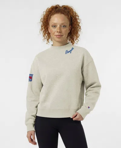 Champion Women's New York Rangers Collar Script Triumph Fleece Relaxed-fit Crewneck Sweatshirt In Oatmeal