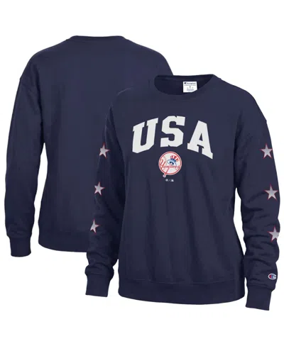 Champion Women's New York Yankees Fleece Americana Crewneck Sweatshirt In Navy