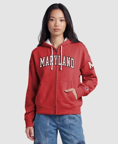 Champion Women's Red Maryland Terrapins Arch Full-zip Fleece Hoodie In Red,white
