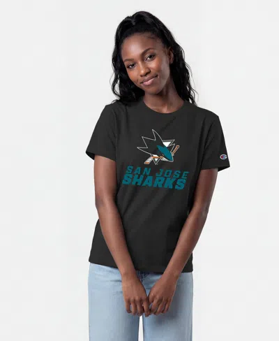 Champion Women's San Jose Sharks Wordmark Lockup Screen Print Crewneck T-shirt In Black