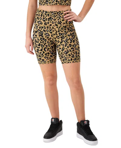 Champion Women's Soft Touch Leopard-print Bike Shorts In Leopard Rosettes Tantalzng Tan