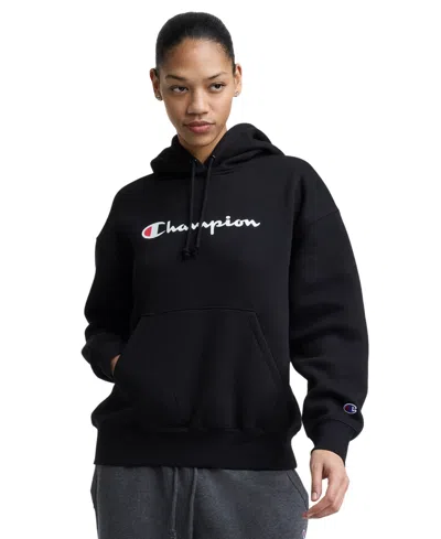 Champion Women's Two-tone Classic Script Powerblend Hoodie In Black