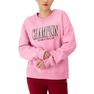 Champion Women's Long-sleeve Fleece Crewneck Logo Sweatshirt In Marizpan Pink