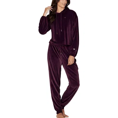 Champion Womens Ribbed Velvet Hooded Sweatshirt In Burgundy