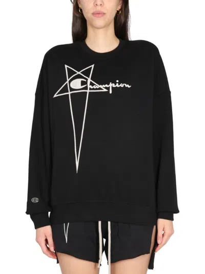 CHAMPION X RICK OWENS OVERSIZED BLACK SWEATSHIRT WITH LOGO EMBOSSING