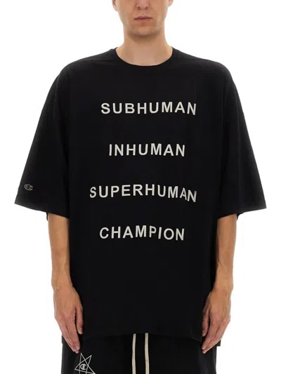 CHAMPION X RICK OWENS OVERSIZED BLACK T-SHIRT WITH CONTRASTING BOLD TEXT