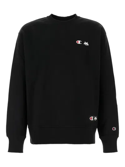 Champion Graphic Print Ribbed Hem Cuffs Sweater In Black