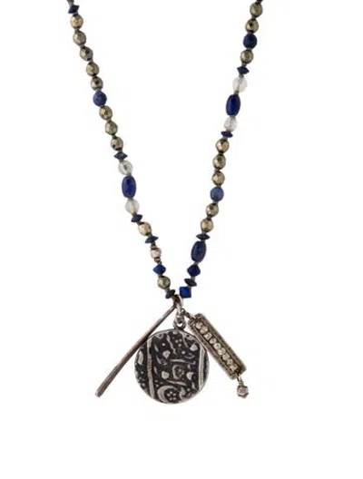 Pre-owned Chan Luu Bead Strand Coin Pendant Necklace, 27.75" In Blue/grey