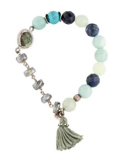 Pre-owned Chan Luu Blue Stone, Green Stone, Metallic Stone & Tassel Bead Bracelet, 6.5"