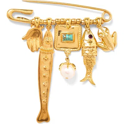 Chan Luu Charm Safety Pin Brooch In Yellow Gold