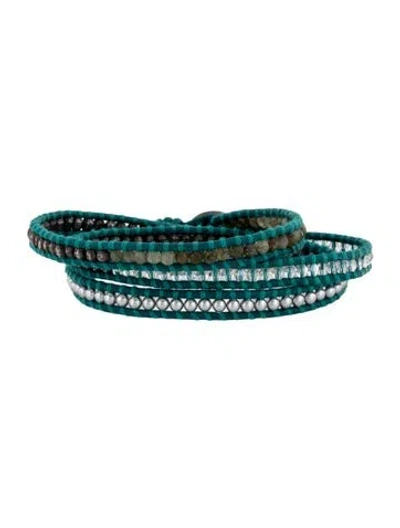 Pre-owned Chan Luu Faux Pearl & Crystal Leather Wrap Bracelet In Blue/brown/clear