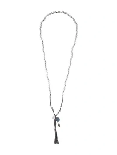 Pre-owned Chan Luu Faux Pearl, Stone,thread & Crystal Bead Strand Necklace, 34" In Blue/grey/silver