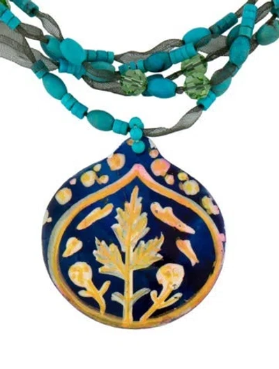 Pre-owned Chan Luu Hand Painted Mother Of Pearl, Stone & Resin Bead Pendant Multistrand Necklace, 15.5" In Multicolor