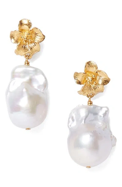Chan Luu Hibiscus Freshwater Pearl Drop Earrings In White