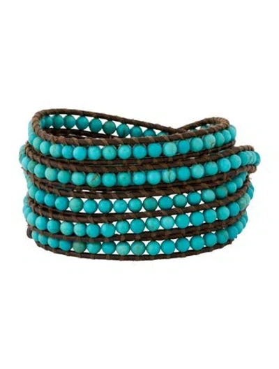 Pre-owned Chan Luu Leather & Blue Stone Bead Wrap Bracelet, 7.5" In Multi