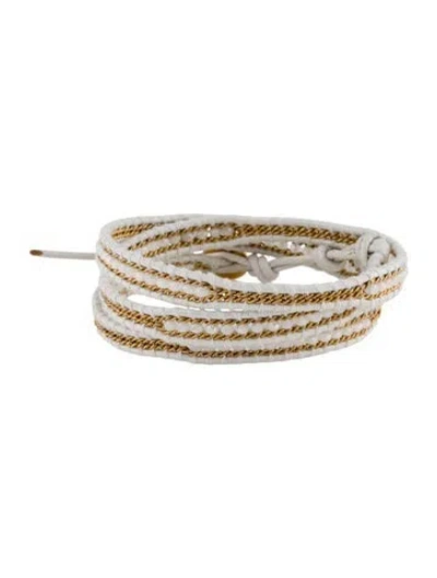 Pre-owned Chan Luu Leather & Crystal Chain Wrap Bracelet In White