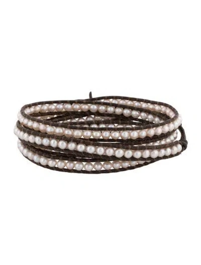 Pre-owned Chan Luu Leather & Pearl Wrap Bracelet In Brown/white