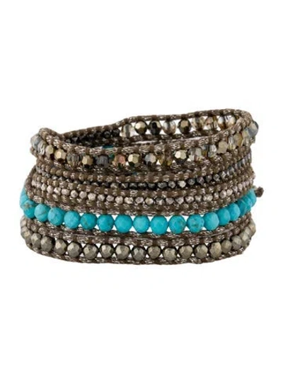 Pre-owned Chan Luu Leather & Stone Beaded Wrap Bracelet In Blue