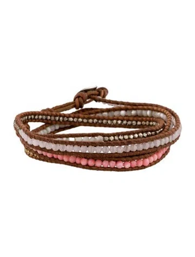Pre-owned Chan Luu Leather & Stone Beaded Wrap Bracelet In Brown/clear/pink