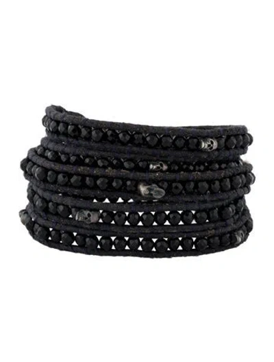 Pre-owned Chan Luu Leather & Stone Skull Beaded Wrap Bracelet In Black