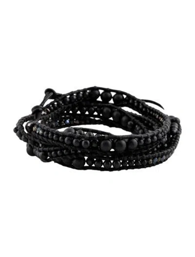 Pre-owned Chan Luu Leather, Crystal & Bead Wrap Bracelet In Black/blue/silver