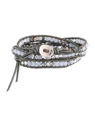 Pre-owned Chan Luu Leather, Crystal, & Bead Wrap Bracelet In Blue/grey