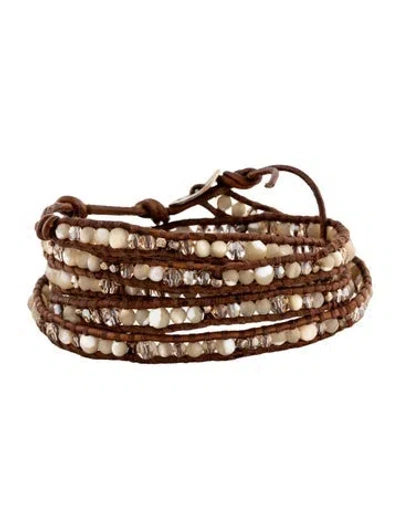 Pre-owned Chan Luu Leather, Crystal & Bead Wrap Bracelet In Brown/clear/white