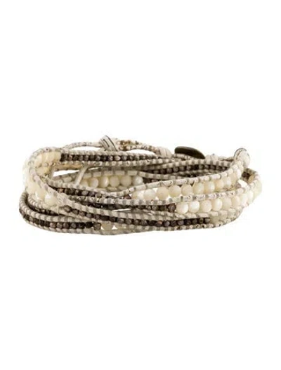 Pre-owned Chan Luu Leather, Stone, & Thread Beaded Wrap Bracelet In Grey/white