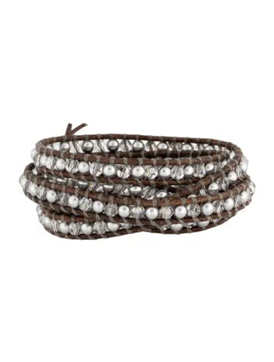 Pre-owned Chan Luu Leather, Thread, & Beaded Wrap Bracelet In Brown/grey