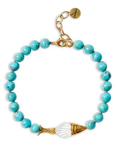Chan Luu Mother Of Pearl Fish Charm Turquoise Beaded Ankle Bracelet In Blue