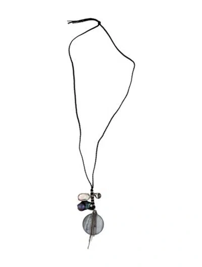 Pre-owned Chan Luu Mother Of Pearl , Pearl & Cord Pendant Necklace, 32" In Black/blue/green