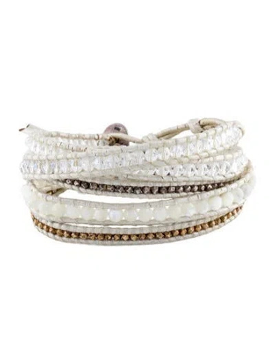 Pre-owned Chan Luu Multi-stone Five Wrap Leather Bracelet In White