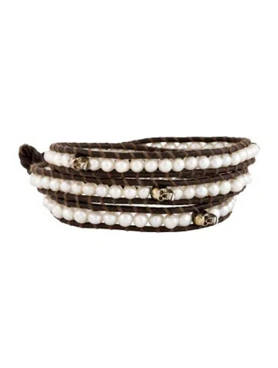 Pre-owned Chan Luu Pearl & Leather Skull Wrap Bracelet, 6" In Brown/white