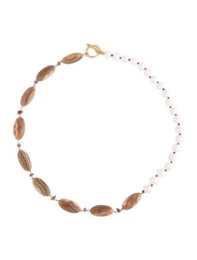 Pre-owned Chan Luu Pearl & Multi-stone Bead Necklace, 17.5" In Brown/red/white