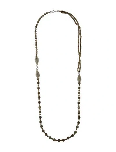 Pre-owned Chan Luu Stone & Thread Beaded Necklace, 36.25" In Green