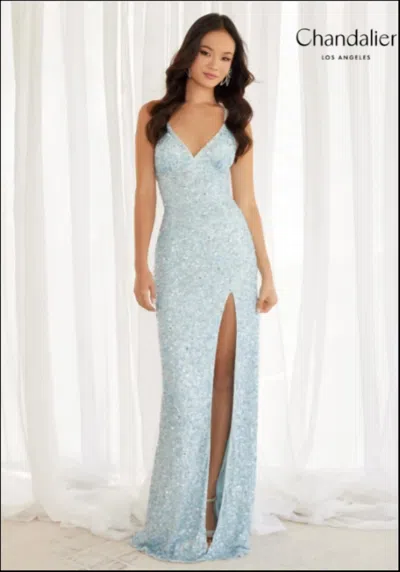 Chandalier Sequin X-back Dress With Train And Slit In Frost/silver In Blue