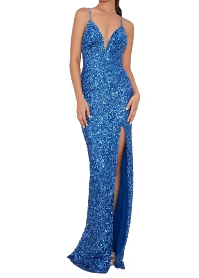 Chandalier Women's Deep V Neck Prom Gown In Denim In Blue