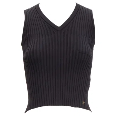 Pre-owned Chanel 01a Gold Cc Logo Charm Black Ribbed V Neck Cropped Vest Top Fr38 M