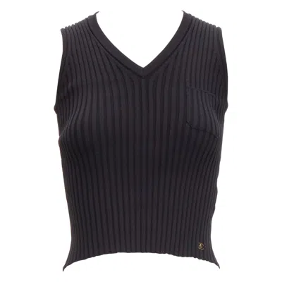 Pre-owned Chanel 01a Gold Cc Logo Charm Black Ribbed V Neck Cropped Vest Top Fr38 M