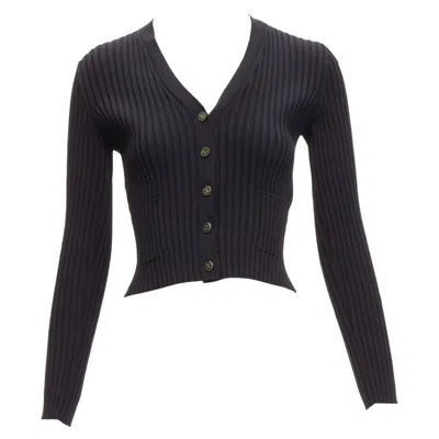Pre-owned Chanel 01a Vintage Gold Cc Logo Button Ribbed Cropped Cardigan Fr42 L In Black