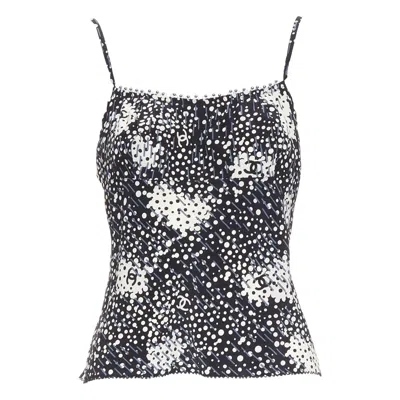 Pre-owned Chanel 02a 100% Silk Cc Logo Polka Dot Pearl Trim Camisole Fr40 S In Black