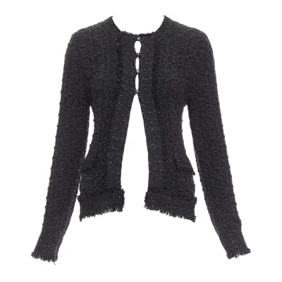 Pre-owned Chanel 05a Black Metallic Tweed Silver Cc Logo Cardigan Jacket Fr38 M